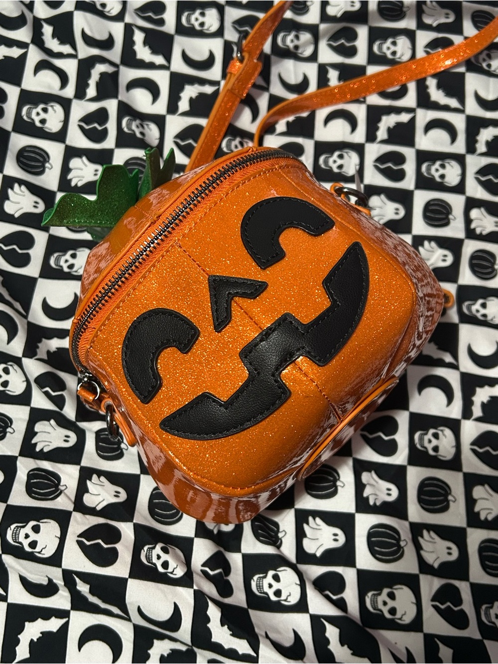 Goth Halloween glitter Pumpkin jack o lantern Crossbody Bag